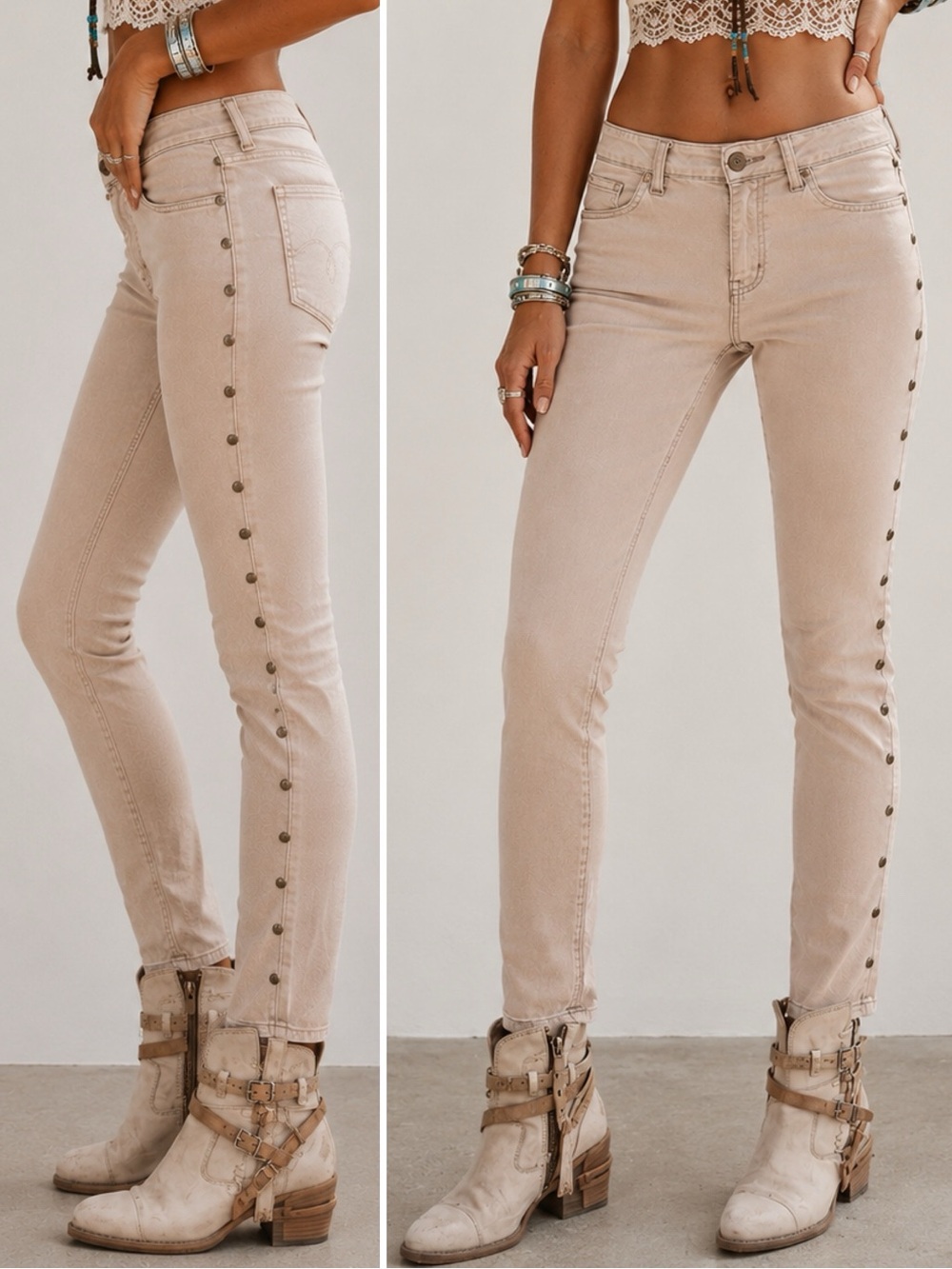 Mossimo Studded Low Rise Jeans Taupe Y2K Western Boho Festival Size 2 Skinny